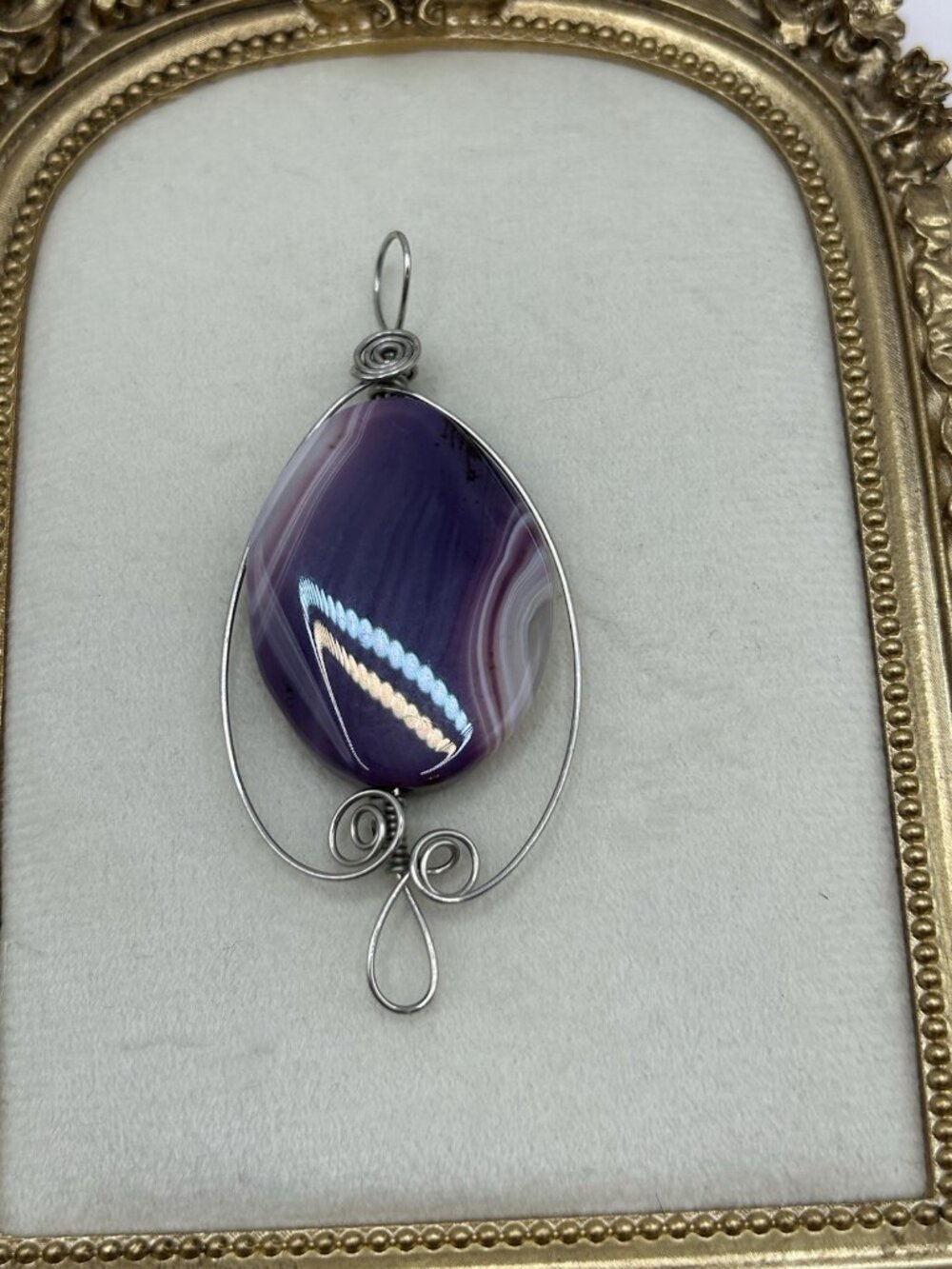 Purple Agate Pendant Handmade Wire Wrapped Teardrop Stone Jewelry Silver Tone - Picture 2 of 8